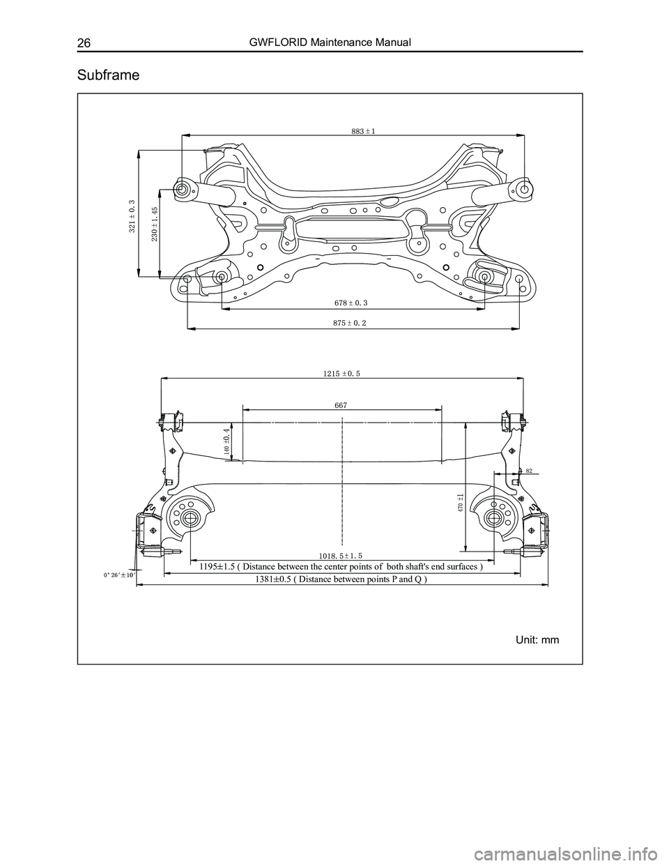 GREAT WALL FLORID 2008 Owners Guide Downloaded from www.Manualslib.com manuals search engine GWFLORID Maintenance Manual26
Subframe
Unit: mm
1195±1.5 ( Distance between the center points of both shaft's end surfaces \
)
1381±0.5 GREAT WALL FLORID 2008 Owners Guide Downloaded from www.Manualslib.com manuals search engine GWFLORID Maintenance Manual26
Subframe
Unit: mm
1195±1.5 ( Distance between the center points of both shaft's end surfaces \
)
1381±0.5