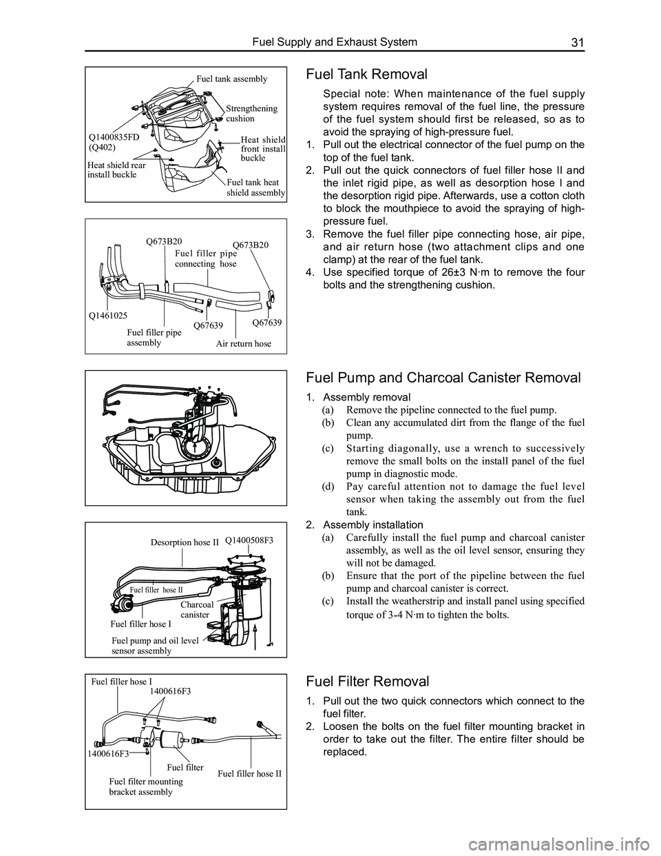 GREAT WALL FLORID 2008  Service Manual Downloaded from www.Manualslib.com manuals search engine 31Fuel Supply and Exhaust System
Fuel Tank Removal
 Special  note:  When  maintenance  of  the  fuel  supply 
system  requires  removal  of  th