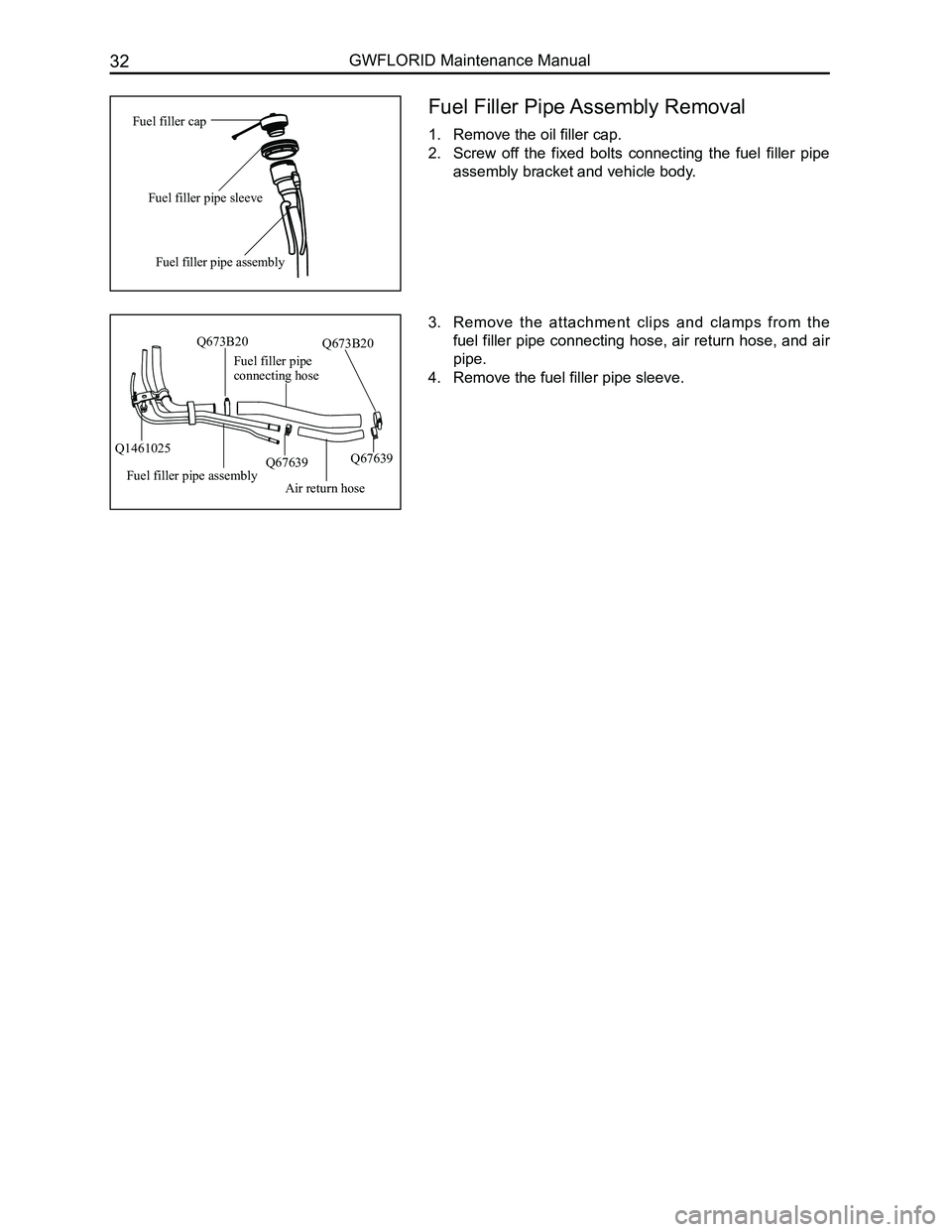 GREAT WALL FLORID 2008 Service Manual Downloaded from www.Manualslib.com manuals search engine GWFLORID Maintenance Manual32
Fuel Filler Pipe Assembly Removal
1. Remove the oil filler cap.
2. Screw off the fixed bolts connecting the GREAT WALL FLORID 2008 Service Manual Downloaded from www.Manualslib.com manuals search engine GWFLORID Maintenance Manual32
Fuel Filler Pipe Assembly Removal
1. Remove the oil filler cap.
2. Screw off the fixed bolts connecting the