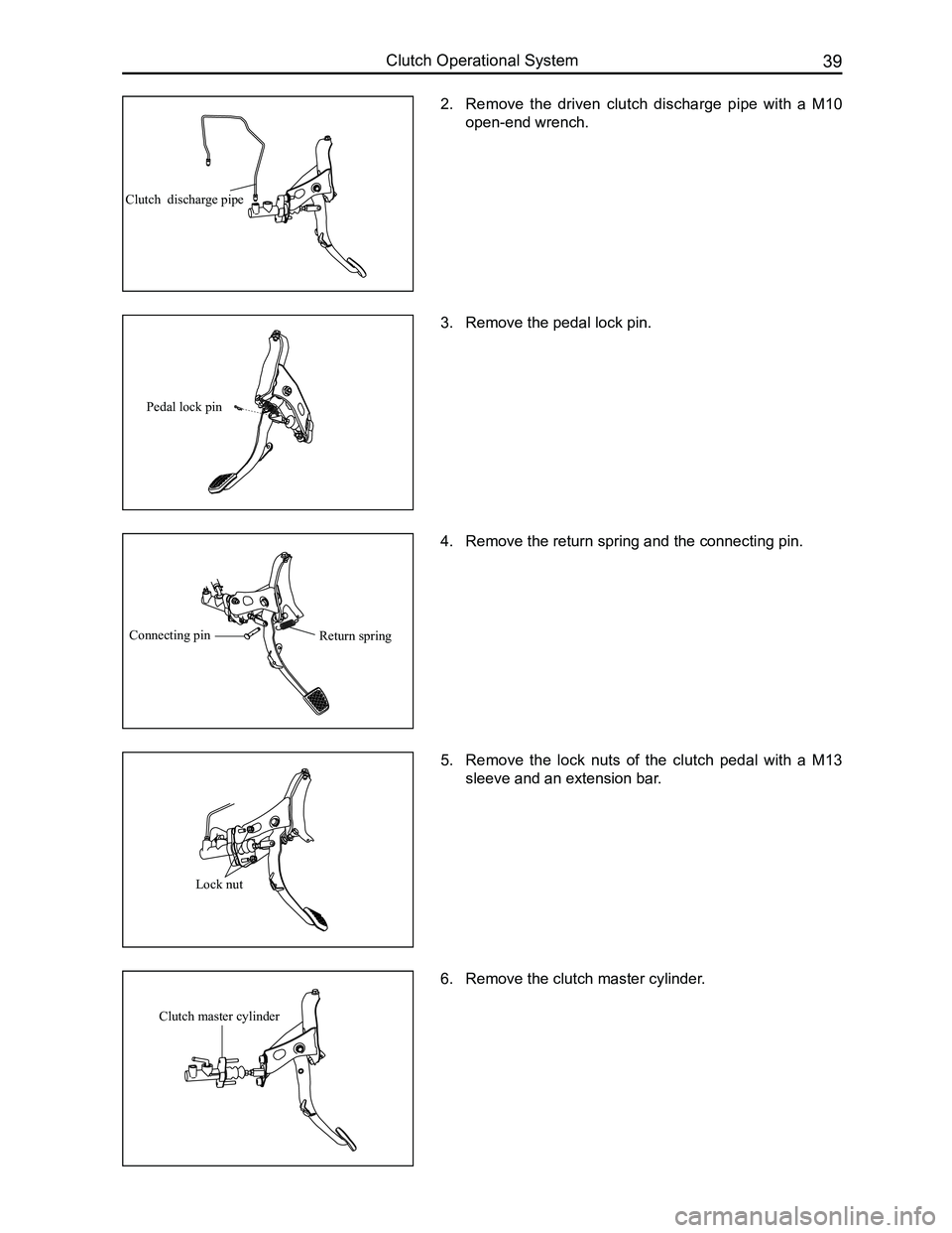 GREAT WALL FLORID 2008 Workshop Manual Downloaded from www.Manualslib.com manuals search engine 39Clutch Operational System
2. Remove  the  driven  clutch  discharge  pipe  with  a  M10 
open-end wrench.
3. Remove the pedal lock pin.
4. Re