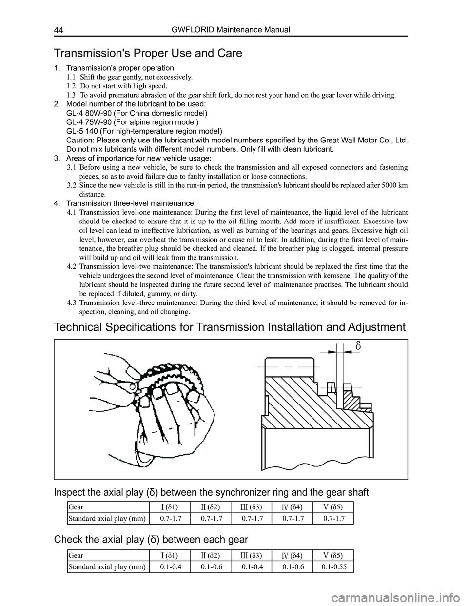 GREAT WALL FLORID 2008 Service Manual Downloaded from www.Manualslib.com manuals search engine GWFLORID Maintenance Manual44
Transmission's Proper Use and Care
1. Transmission's proper operation
1.1 Shift the gear gently, not ex GREAT WALL FLORID 2008 Service Manual Downloaded from www.Manualslib.com manuals search engine GWFLORID Maintenance Manual44
Transmission's Proper Use and Care
1. Transmission's proper operation
1.1 Shift the gear gently, not ex