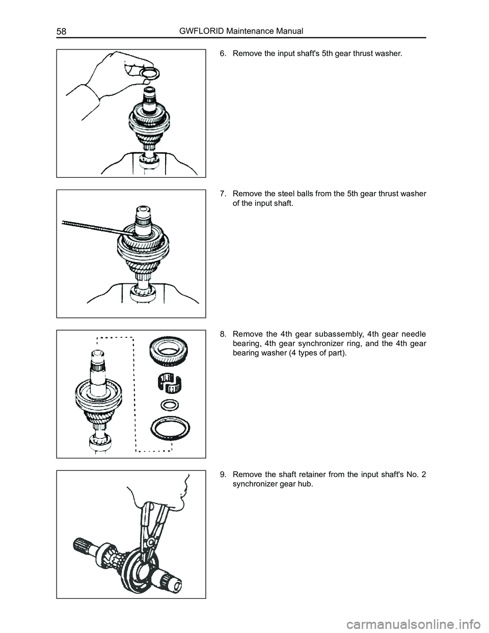 GREAT WALL FLORID 2008 Repair Manual Downloaded from www.Manualslib.com manuals search engine GWFLORID Maintenance Manual58
6. Remove the input shaft's 5th gear thrust washer.
7. Remove the steel balls from the 5th gear thrust washer