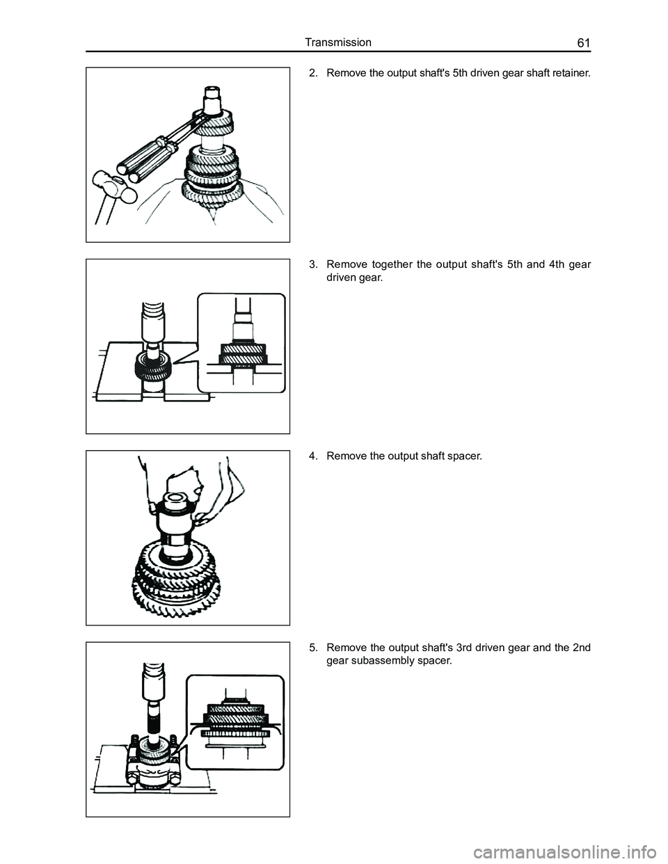 GREAT WALL FLORID 2008 Repair Manual Downloaded from www.Manualslib.com manuals search engine 61Transmission
2. Remove the output shaft's 5th driven gear shaft retainer.
3. Remove  together  the  output  shaft's  5th  and  4th  g