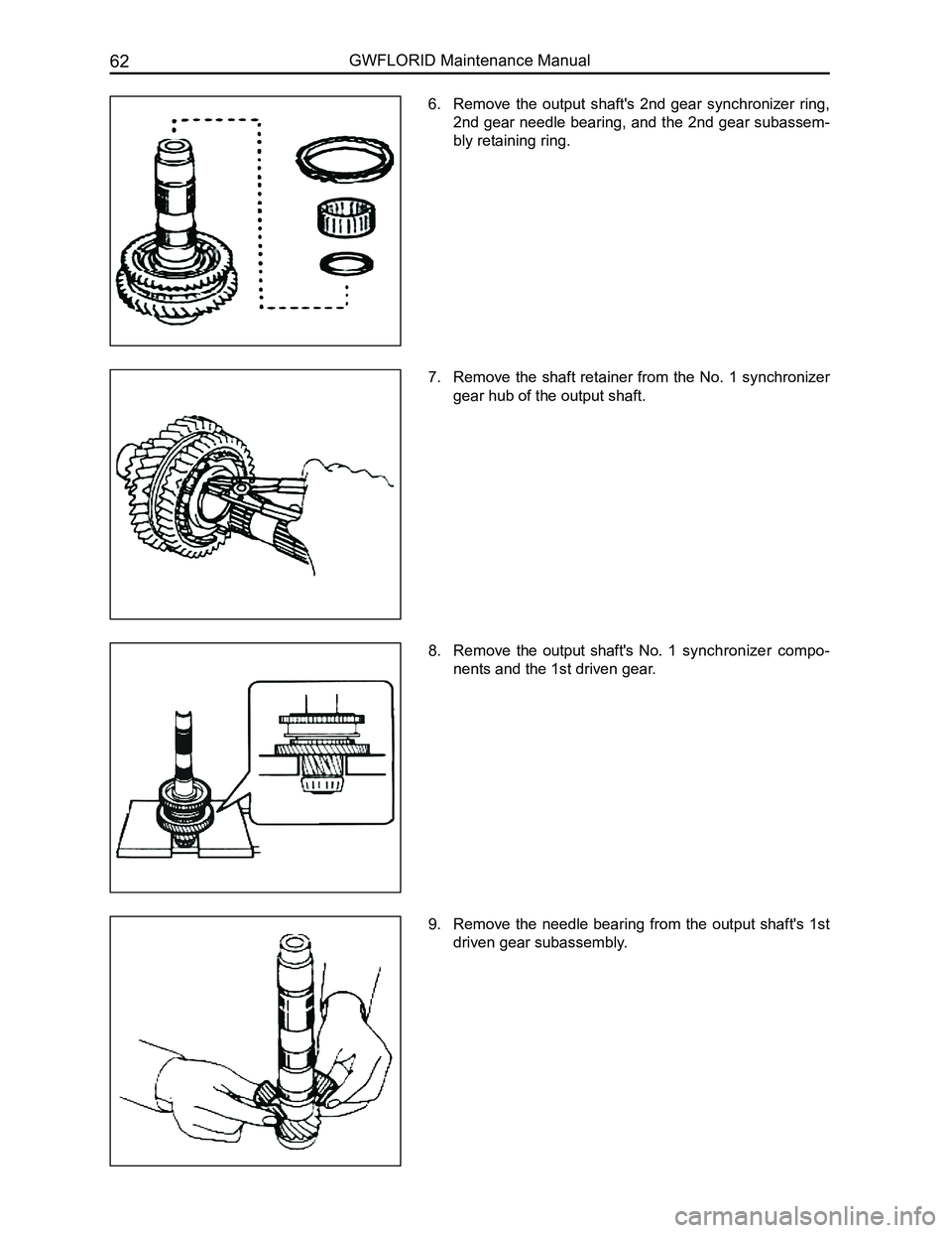 GREAT WALL FLORID 2008 Repair Manual Downloaded from www.Manualslib.com manuals search engine GWFLORID Maintenance Manual62
6. Remove  the  output  shaft's  2nd  gear  synchronizer  ring, 
2nd gear needle bearing, and the 2nd gear su