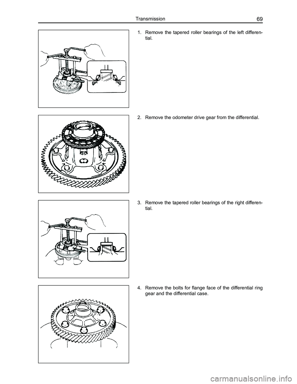 GREAT WALL FLORID 2008 Manual PDF Downloaded from www.Manualslib.com manuals search engine 69Transmission
1. Remove  the  tapered  roller  bearings  of  the  left  differen-
tial.
2.  Remove the odometer drive gear from the differenti