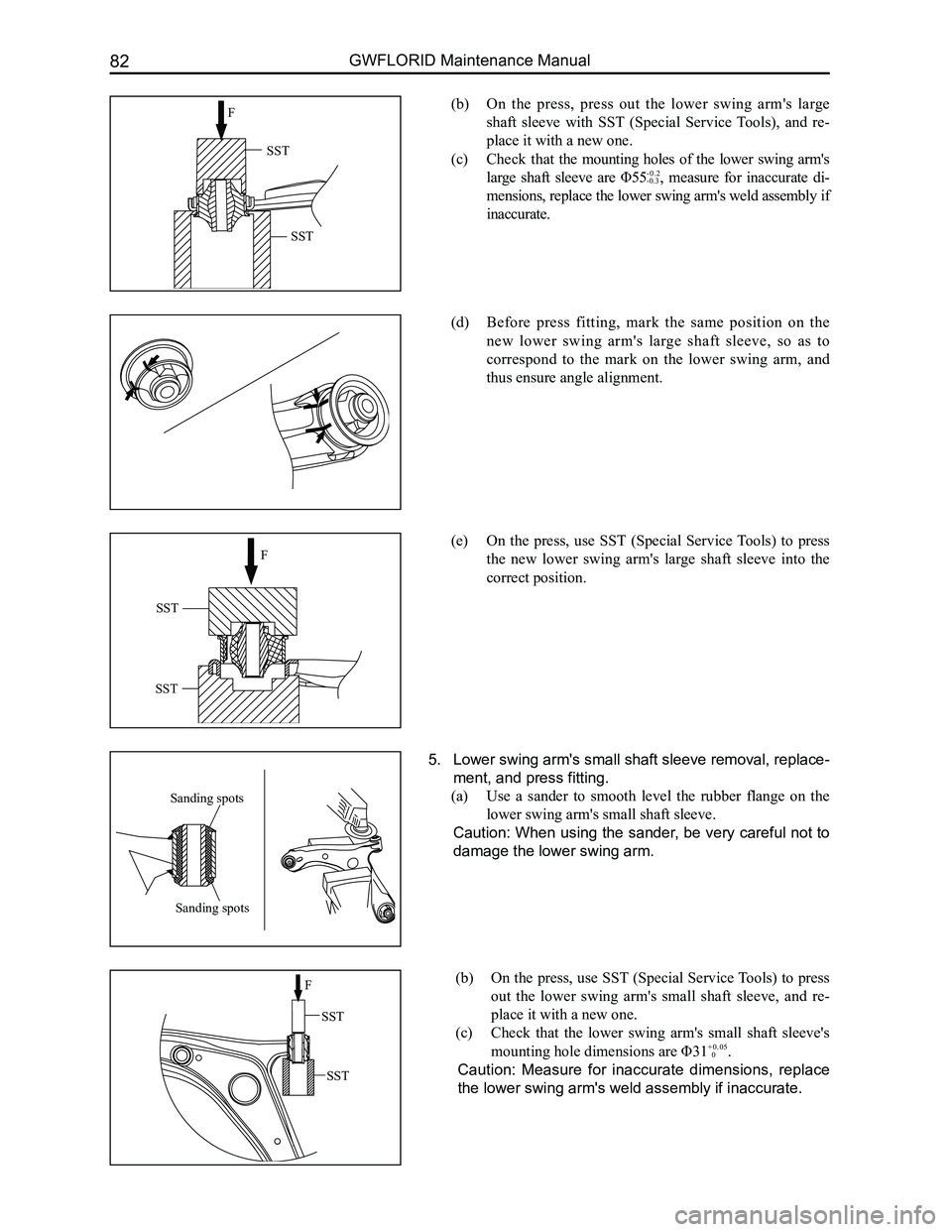 GREAT WALL FLORID 2008  Service Manual Downloaded from www.Manualslib.com manuals search engine GWFLORID Maintenance Manual82
(b) On  the  press,  press  out  the  lower  swing  arm's  large 
shaft  sleeve  with  SST  (Special  Service