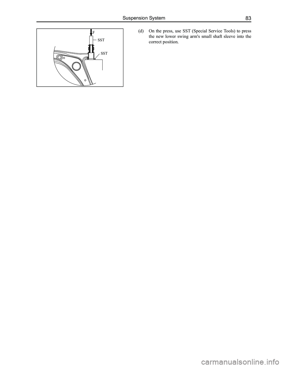 GREAT WALL FLORID 2008 Manual Online Downloaded from www.Manualslib.com manuals search engine 83Suspension System
(d) On  the  press,  use  SST  (Special  Service Tools)  to  press 
the  new  lower  swing  arm's  small  shaft  sleeve