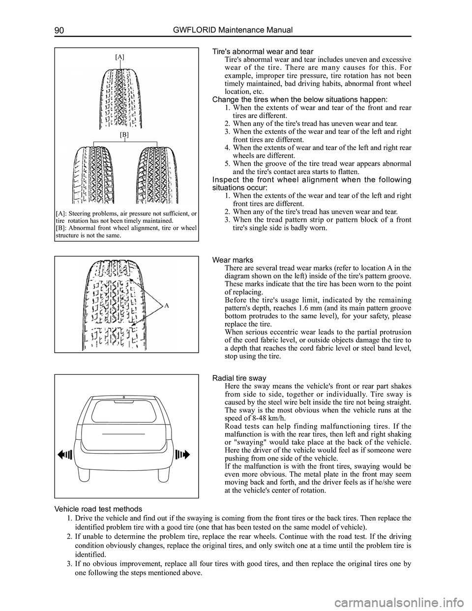 GREAT WALL FLORID 2008  Service Manual Downloaded from www.Manualslib.com manuals search engine GWFLORID Maintenance Manual90
Vehicle road test methods
1. Drive the vehicle and find out if the swaying is coming from the front tires or the 