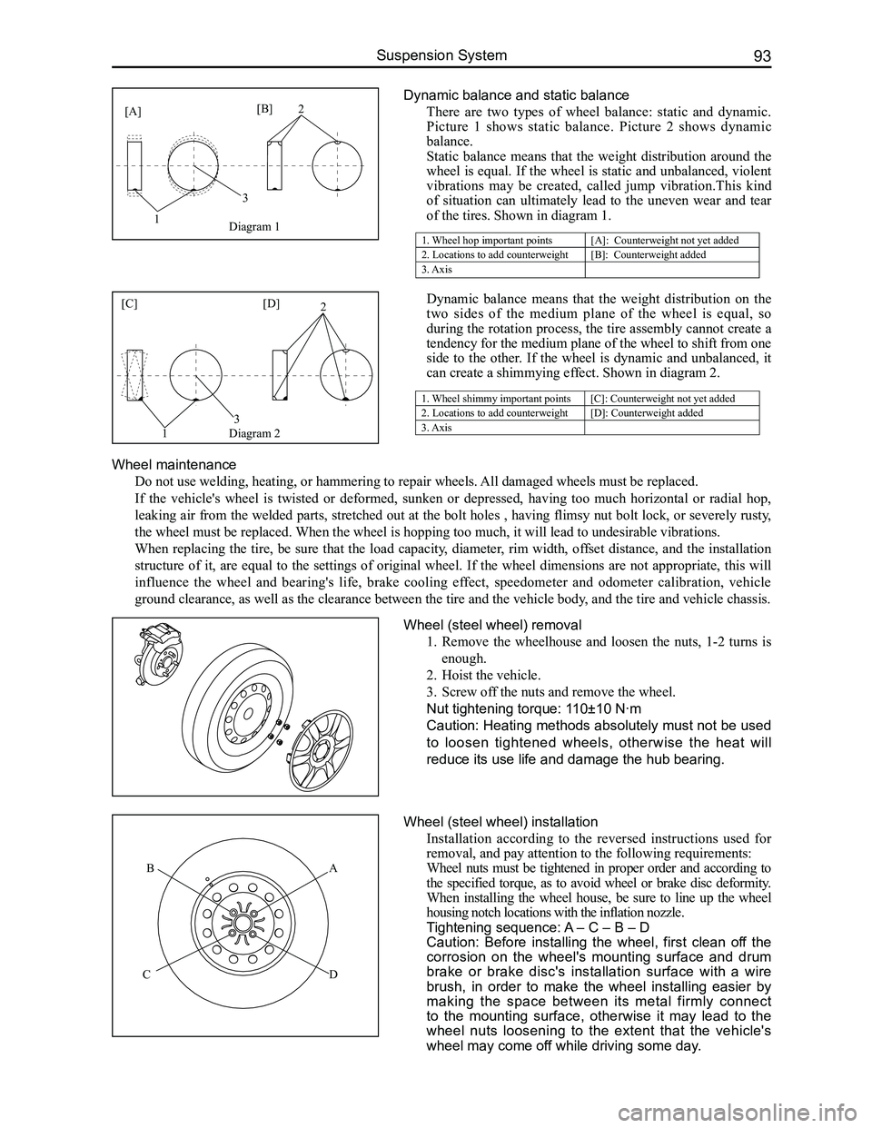 GREAT WALL FLORID 2008 Owners Manual Downloaded from www.Manualslib.com manuals search engine 93Suspension System
Dynamic balance and static balance
There  are  two  types  of  wheel  balance:  static  and  dynamic. 
Picture  1  shows  s