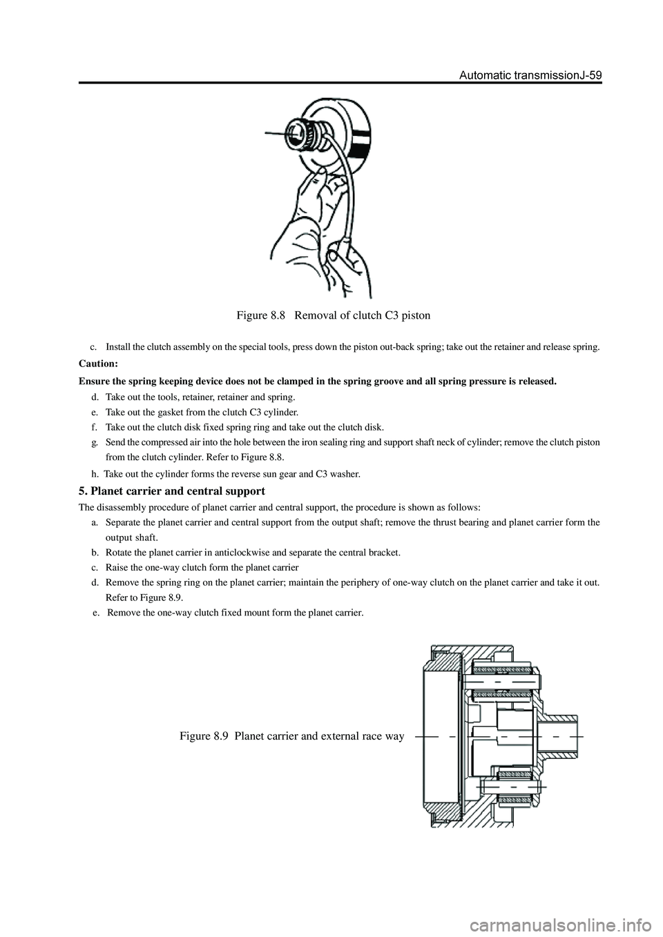 GREAT WALL HOVER 2006  Service Repair Manual Figure 8.8   Removal of clutch C3 piston
     c.    Install the clutch assembly on the special tools, press down the piston out-back spring; take out the retainer and release spring.
Caution:
Ensure t