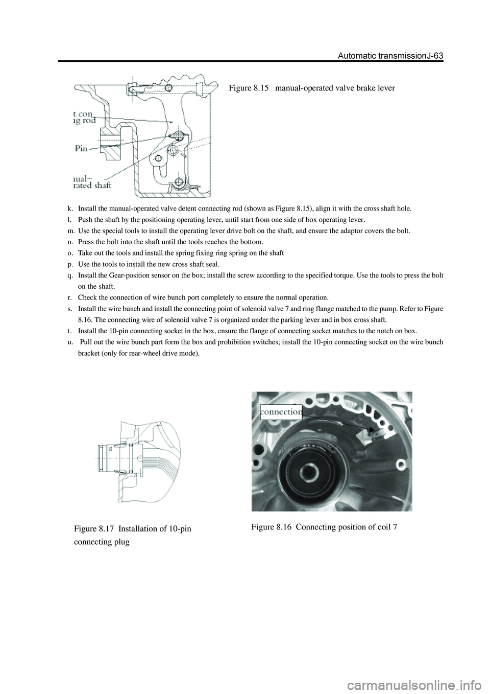 GREAT WALL HOVER 2006  Service Repair Manual Figure 8.15   manual-operated valve brake lever
k. Install the manual-operated valve detent connecting rod (shown as Figure 8.15), align it with the cross shaft hole.
l. Push the shaft by the position