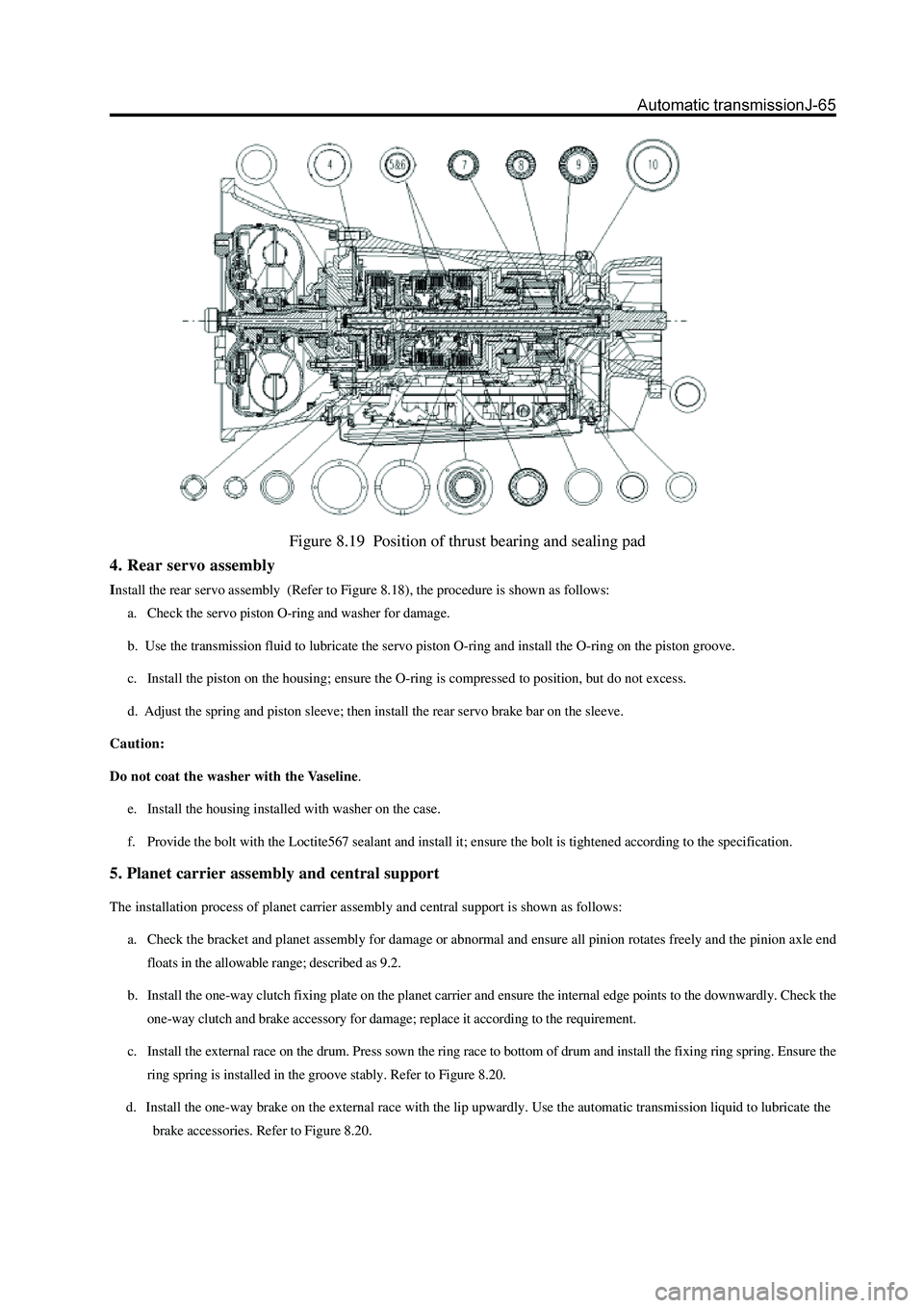 GREAT WALL HOVER 2006 Service Repair Manual Figure 8.19 Position of thrust bearing and sealing pad
4. Rear servo assembly
Install the rear servo assembly (Refer to Figure 8.18), the procedure is shown as follows:
a. Check the servo piston O-r GREAT WALL HOVER 2006 Service Repair Manual Figure 8.19 Position of thrust bearing and sealing pad
4. Rear servo assembly
Install the rear servo assembly (Refer to Figure 8.18), the procedure is shown as follows:
a. Check the servo piston O-r