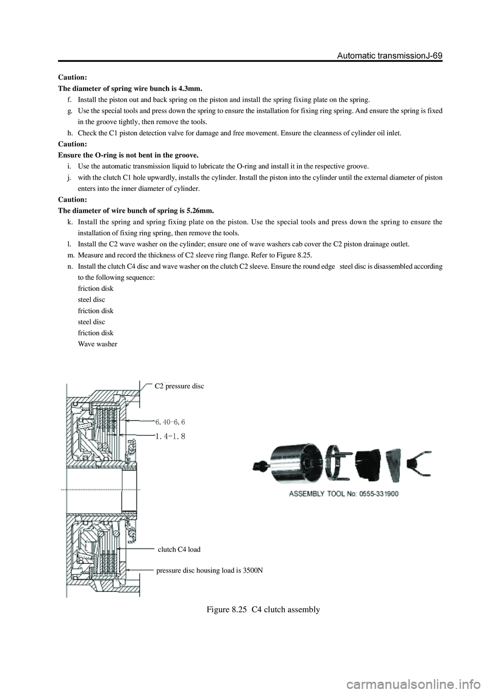 GREAT WALL HOVER 2006 Service Repair Manual Figure 8.25 C4 clutch assembly
Caution:
The diameter of spring wire bunch is 4.3mm.
f. Install the piston out and back spring on the piston and install the spring fixing plate on the spring.
g. Use t GREAT WALL HOVER 2006 Service Repair Manual Figure 8.25 C4 clutch assembly
Caution:
The diameter of spring wire bunch is 4.3mm.
f. Install the piston out and back spring on the piston and install the spring fixing plate on the spring.
g. Use t