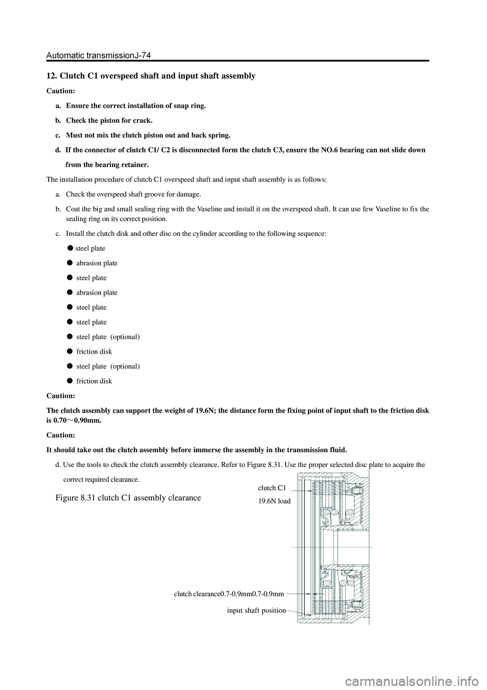 GREAT WALL HOVER 2006 Service Repair Manual 12. Clutch C1 overspeed shaft and input shaft assembly
Caution:
a. Ensure the correct installation of snap ring.
b. Check the piston for crack.
c. Must not mix the clutch piston out and GREAT WALL HOVER 2006 Service Repair Manual 12. Clutch C1 overspeed shaft and input shaft assembly
Caution:
a. Ensure the correct installation of snap ring.
b. Check the piston for crack.
c. Must not mix the clutch piston out and