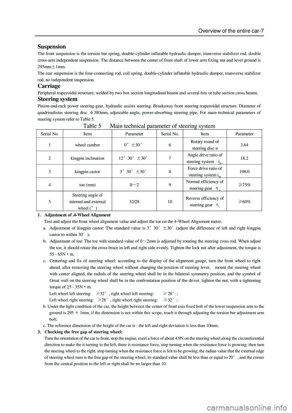 GREAT WALL HOVER 2006  Service Repair Manual Overview of the entire car-7
Suspension 
The front suspension is the torsion bar spring, double-cylinder inflatable hydraulic damper, transverse stabilizer rod, double 
cross-arm independent suspensio