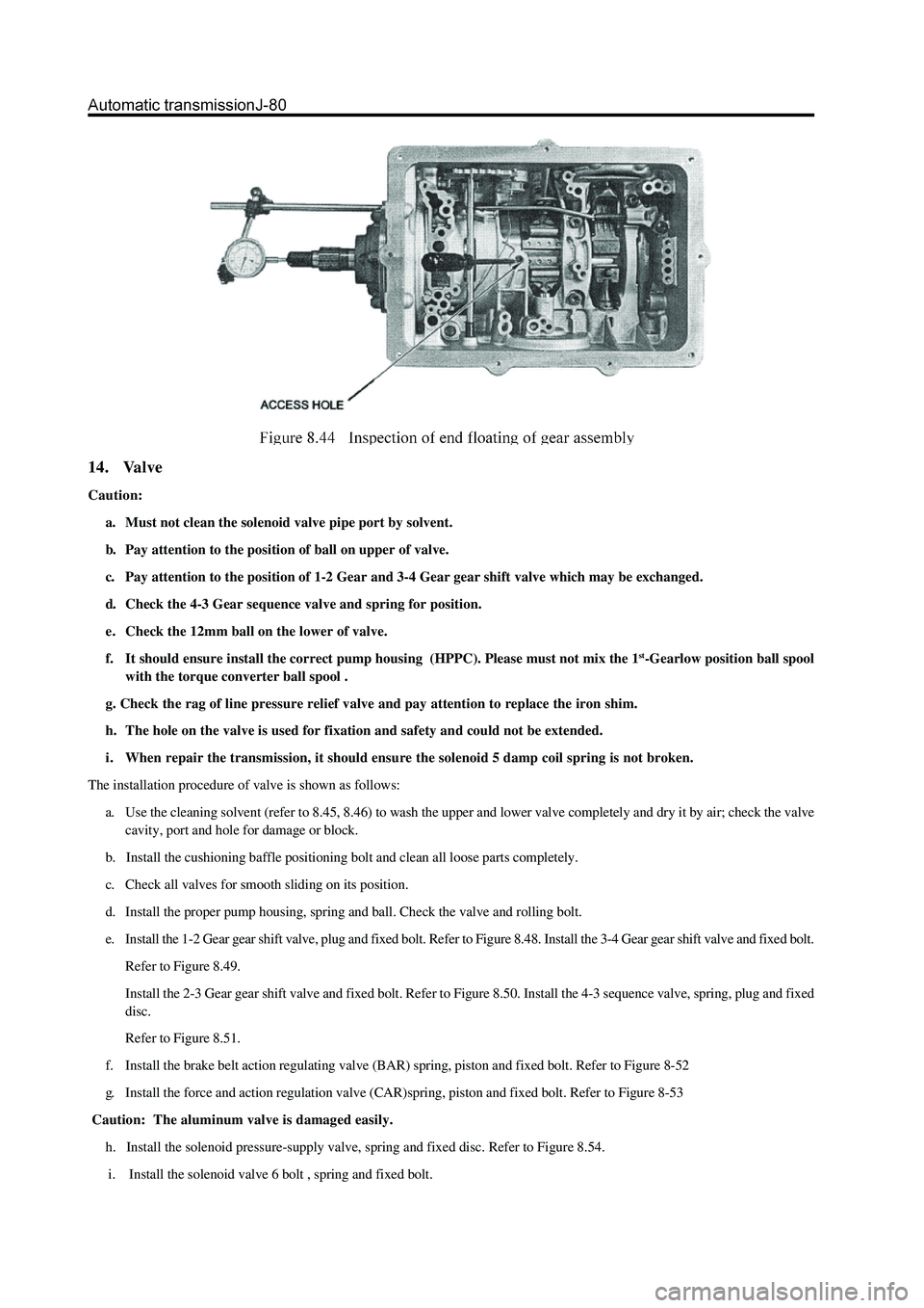 GREAT WALL HOVER 2006 Service Repair Manual 14. Valve
Caution:
a. Must not clean the solenoid valve pipe port by solvent.
b. Pay attention to the position of ball on upper of valve.
c. Pay attention to the position of 1-2 Gear and 3-4 Gear ge GREAT WALL HOVER 2006 Service Repair Manual 14. Valve
Caution:
a. Must not clean the solenoid valve pipe port by solvent.
b. Pay attention to the position of ball on upper of valve.
c. Pay attention to the position of 1-2 Gear and 3-4 Gear ge