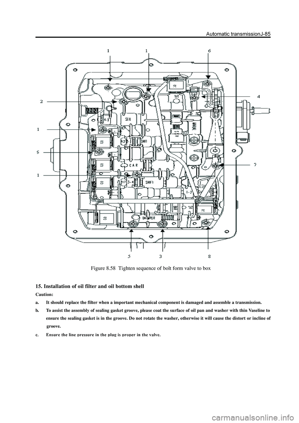 GREAT WALL HOVER 2006 Service Repair Manual Figure 8.58 Tighten sequence of bolt form valve to box
15. Installation of oil filter and oil bottom shell
Caution:
a. It should replace the filter when a important mechanical component is damaged an GREAT WALL HOVER 2006 Service Repair Manual Figure 8.58 Tighten sequence of bolt form valve to box
15. Installation of oil filter and oil bottom shell
Caution:
a. It should replace the filter when a important mechanical component is damaged an