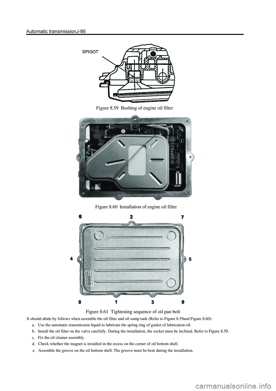 GREAT WALL HOVER 2006 Service Repair Manual Figure 8.59 Bushing of engine oil filter
Figure 8.60 Installation of engine oil filter
Figure 8.61 Tightening sequence of oil pan bolt
It should abide by follows when assemble the oil filter and oi GREAT WALL HOVER 2006 Service Repair Manual Figure 8.59 Bushing of engine oil filter
Figure 8.60 Installation of engine oil filter
Figure 8.61 Tightening sequence of oil pan bolt
It should abide by follows when assemble the oil filter and oi