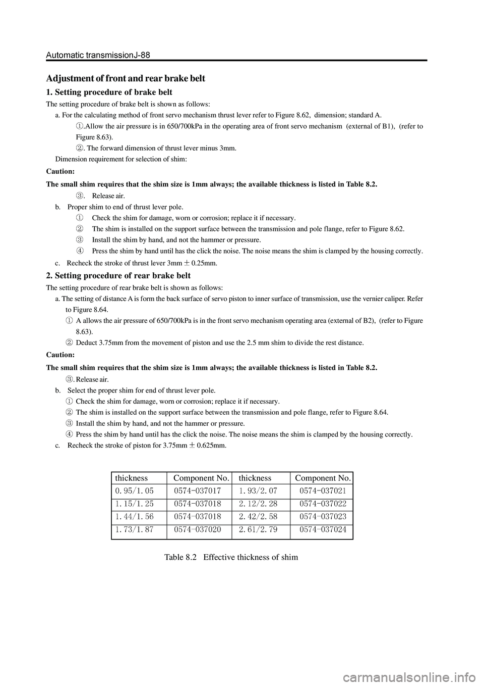 GREAT WALL HOVER 2006 Service Repair Manual thickness Component No. thickness Component No.
Adjustment of front and rear brake belt
1. Setting procedure of brake belt
The setting procedure of brake belt is shown as follows: GREAT WALL HOVER 2006 Service Repair Manual thickness Component No. thickness Component No.
Adjustment of front and rear brake belt
1. Setting procedure of brake belt
The setting procedure of brake belt is shown as follows: