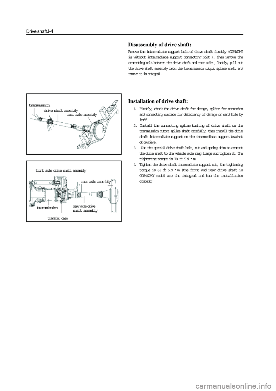 GREAT WALL HOVER 2006  Service Repair Manual transmission
drive shaft assemblyrear axle assembly
front axle drive shaft assembly
transmissionrear axle drive
shaft assembly
transfer case
rear axle assembly
Disassembly of drive shaft:
Remove the i