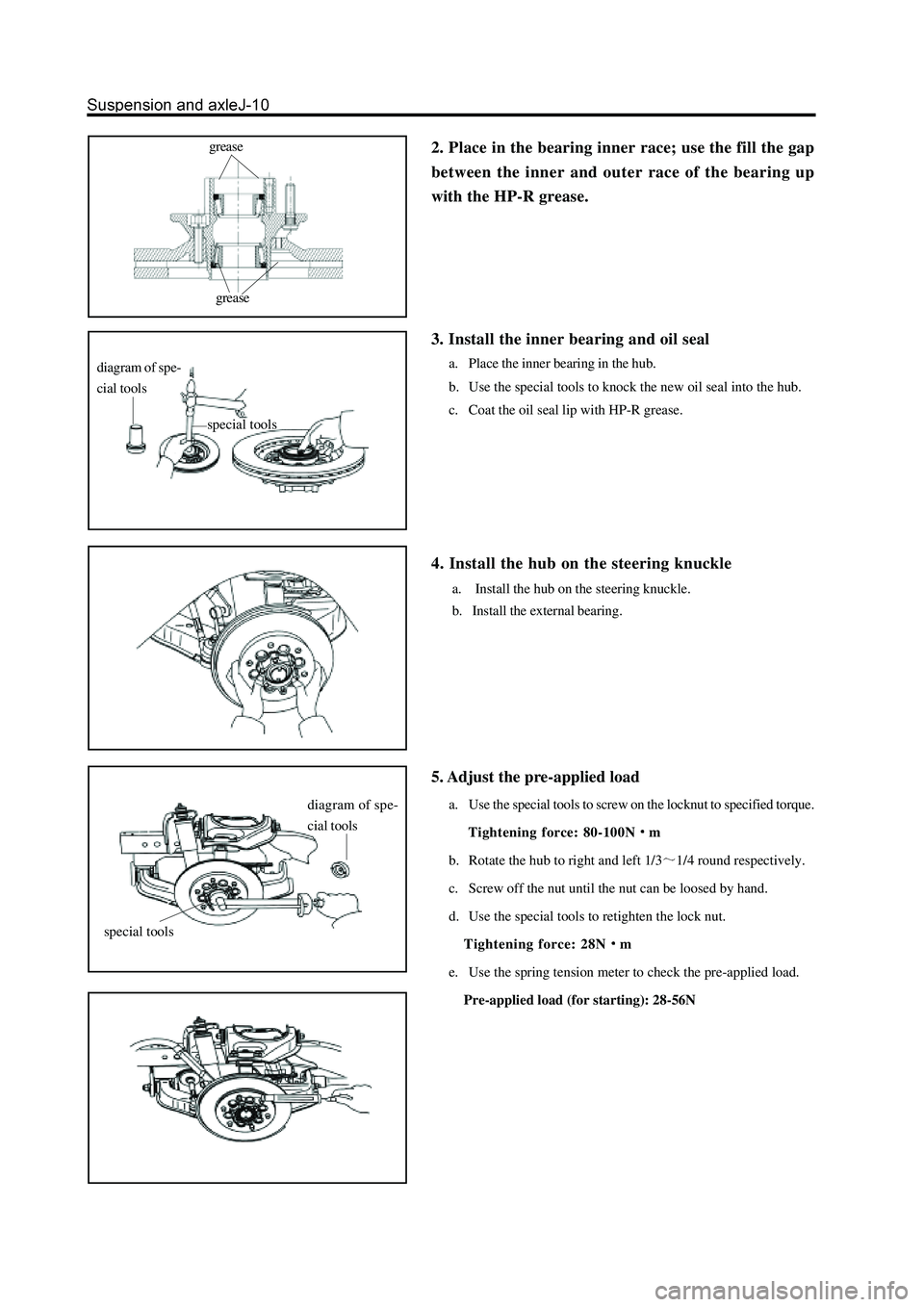 GREAT WALL HOVER 2006 Service Repair Manual 2. Place in the bearing inner race; use the fill the gap
between the inner and outer race of the bearing up
with the HP-R grease.grease
grease
3. Install the inner bearing and oil seal
a. Place the in GREAT WALL HOVER 2006 Service Repair Manual 2. Place in the bearing inner race; use the fill the gap
between the inner and outer race of the bearing up
with the HP-R grease.grease
grease
3. Install the inner bearing and oil seal
a. Place the in