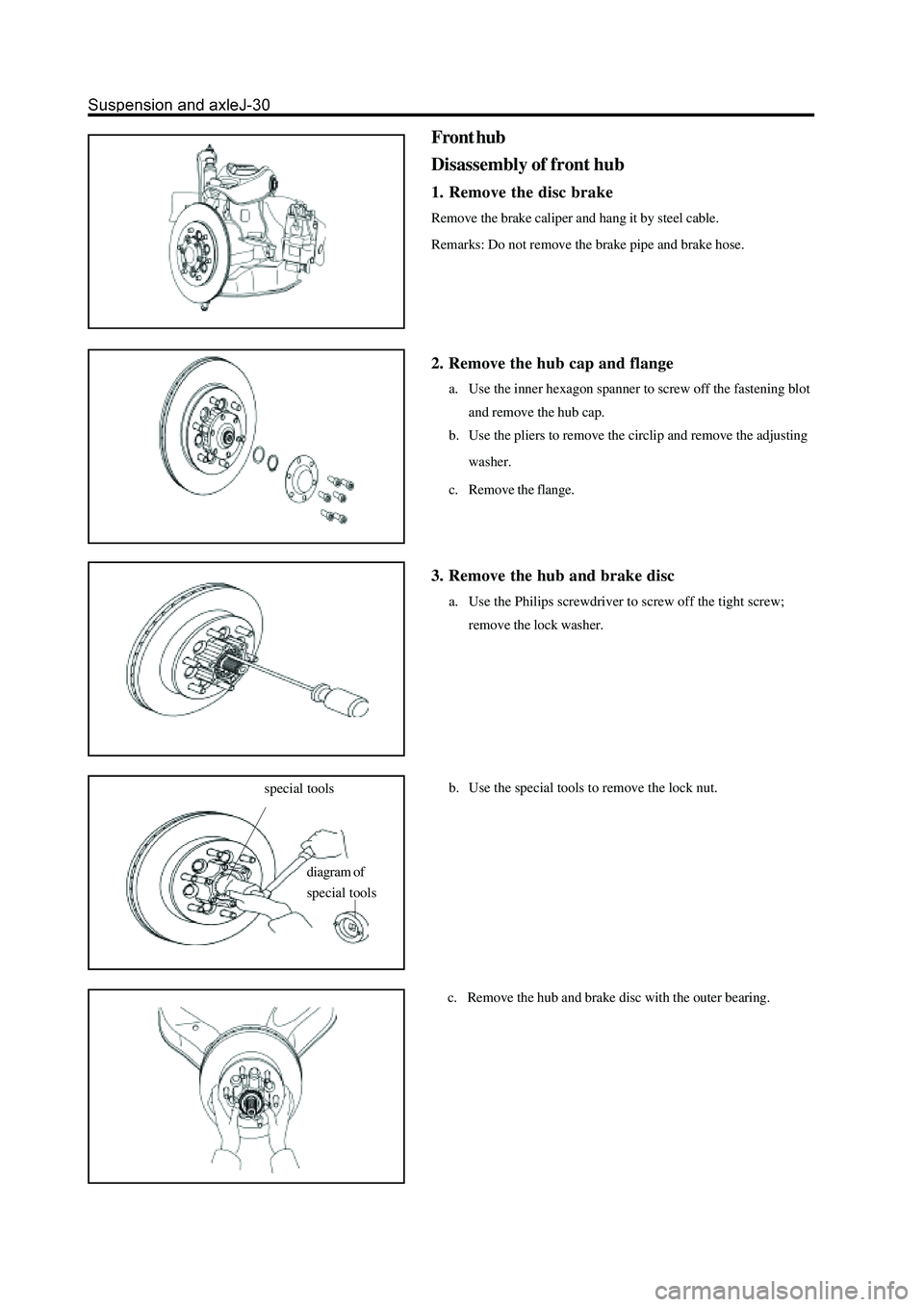 GREAT WALL HOVER 2006  Service Repair Manual special tools
diagram of
special tools
Front hub
Disassembly of front hub
1. Remove the disc brake
Remove the brake caliper and hang it by steel cable.
Remarks: Do not remove the brake pipe and brake 