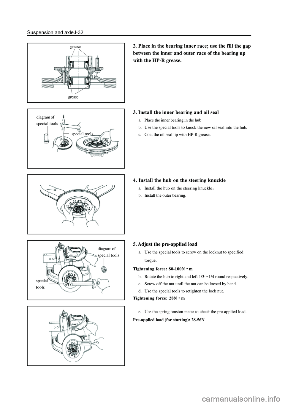 GREAT WALL HOVER 2006  Service Repair Manual 2. Place in the bearing inner race; use the fill the gap
between the inner and outer race of the bearing up
with the HP-R grease.grease
grease
3. Install the inner bearing and oil seal
a. Place the in