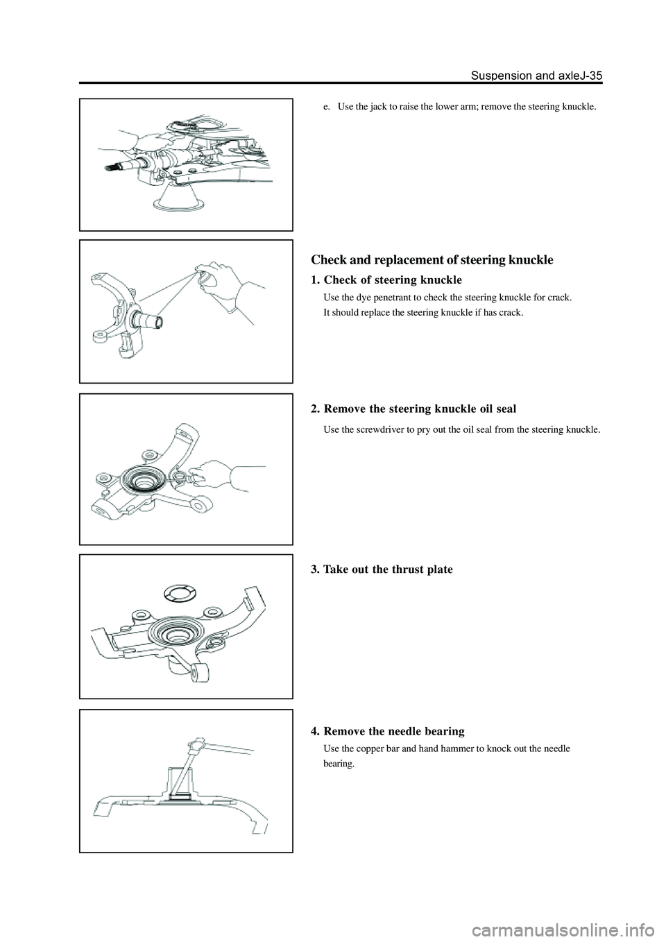GREAT WALL HOVER 2006  Service Repair Manual e. Use the jack to raise the lower arm; remove the steering knuckle.
Check and replacement of steering knuckle
1. Check of steering knuckle
Use the dye penetrant to check the steering knuckle for crac