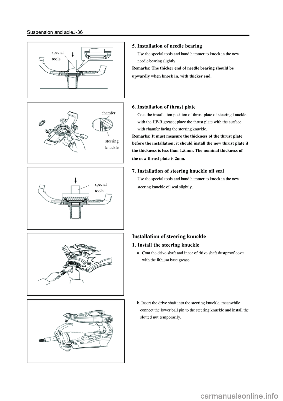 GREAT WALL HOVER 2006  Service Repair Manual 5. Installation of needle bearing
Use the special tools and hand hammer to knock in the new
needle bearing slightly.
Remarks: The thicker end of needle bearing should be
upwardly when knock in. with t