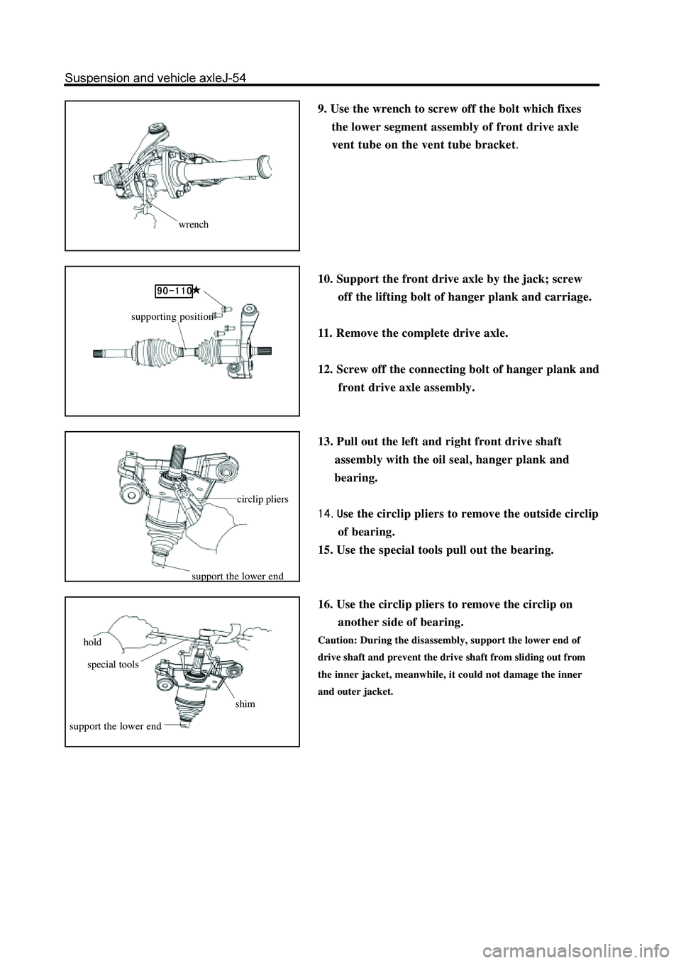 GREAT WALL HOVER 2006  Service Repair Manual 9. Use the wrench to screw off the bolt which fixes
    the lower segment assembly of front drive axle
    vent tube on the vent tube bracket.
10. Support the front drive axle by the jack; screw
     