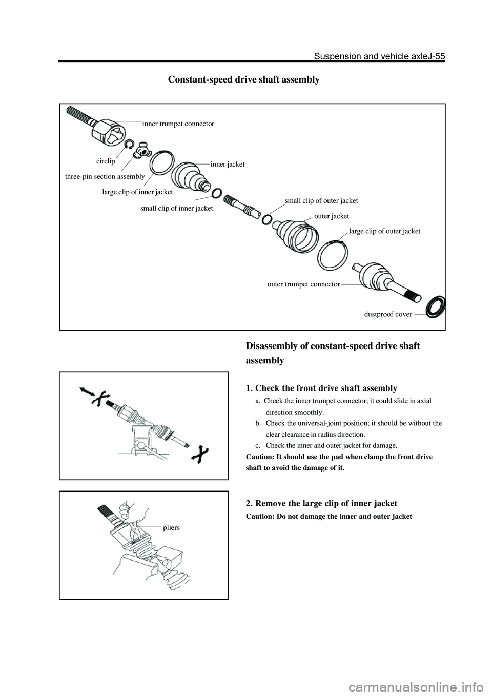 GREAT WALL HOVER 2006  Service Repair Manual Constant-speed drive shaft assembly
pliers
Disassembly of constant-speed drive shaft
assembly
1. Check the front drive shaft assembly
a.  Check the inner trumpet connector; it could slide in axial
dir