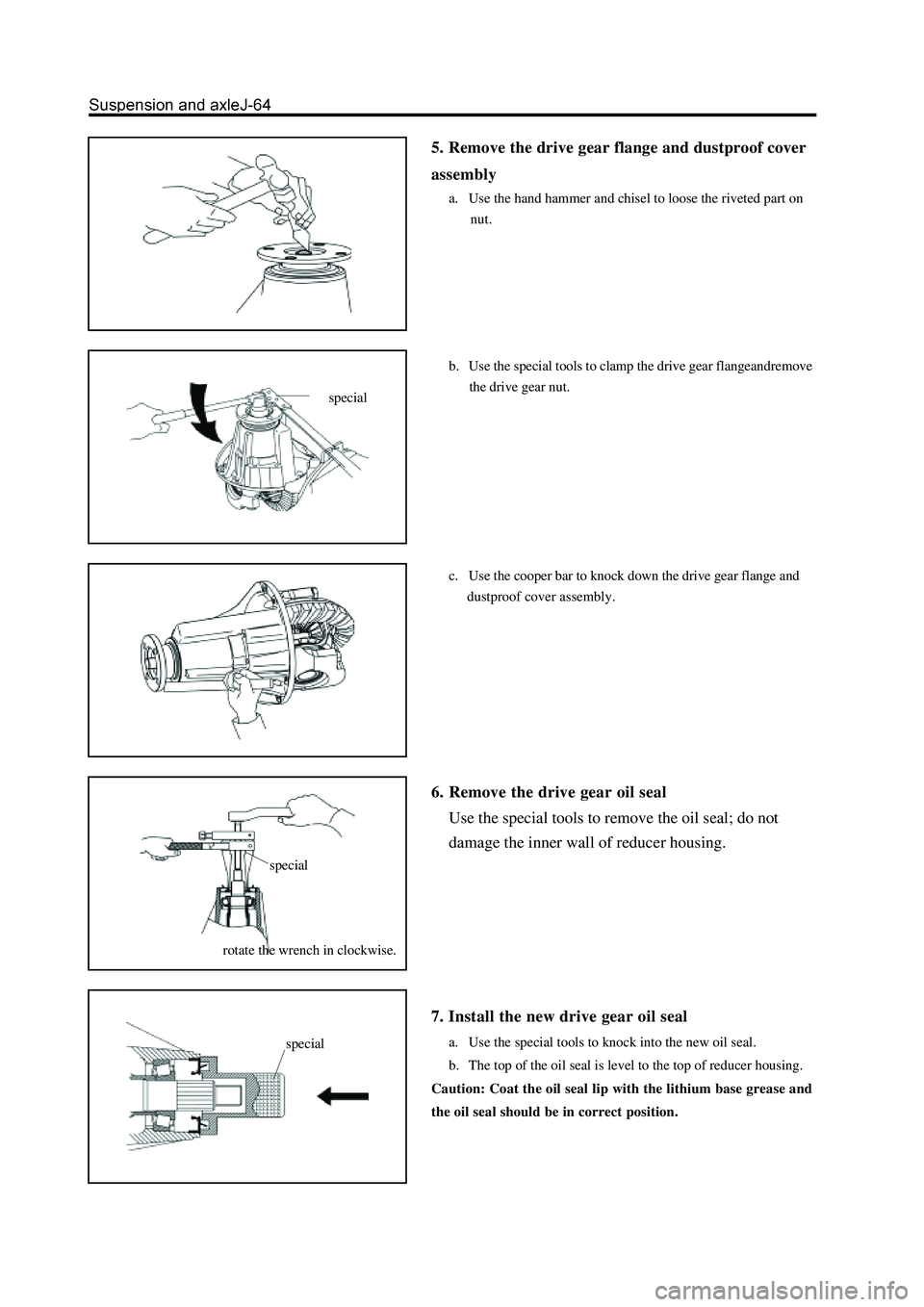 GREAT WALL HOVER 2006  Service Repair Manual 5. Remove the drive gear flange and dustproof cover
assembly
a. Use the hand hammer and chisel to loose the riveted part on
      nut.
b. Use the special tools to clamp the drive gear flangeandremove
