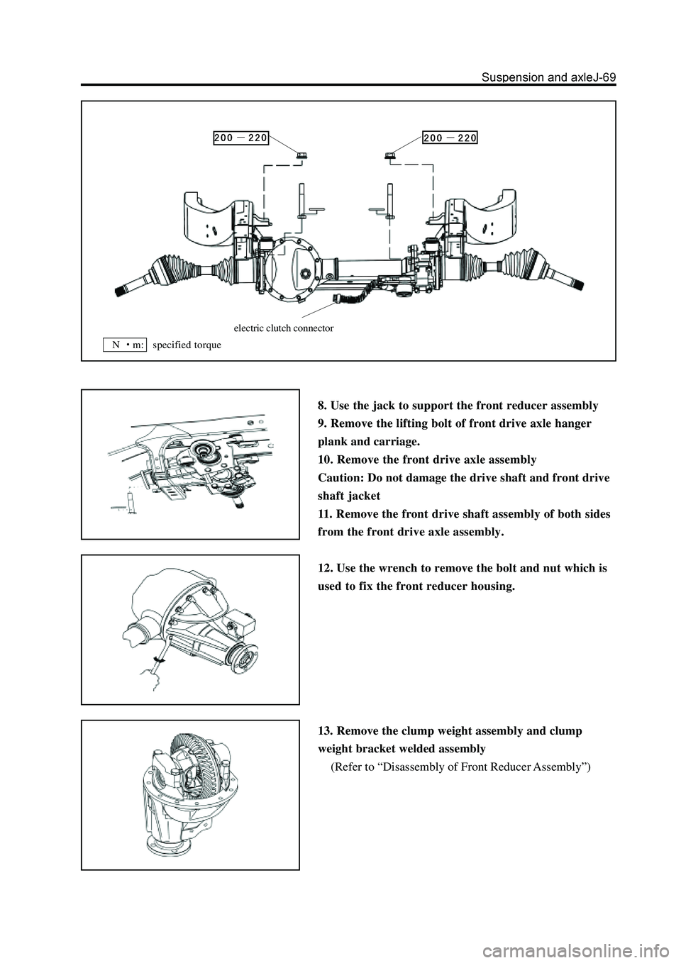 GREAT WALL HOVER 2006 Service Repair Manual 8. Use the jack to support the front reducer assembly
9. Remove the lifting bolt of front drive axle hanger
plank and carriage.
10. Remove the front drive axle assembly
Caution: Do not damage the driv GREAT WALL HOVER 2006 Service Repair Manual 8. Use the jack to support the front reducer assembly
9. Remove the lifting bolt of front drive axle hanger
plank and carriage.
10. Remove the front drive axle assembly
Caution: Do not damage the driv