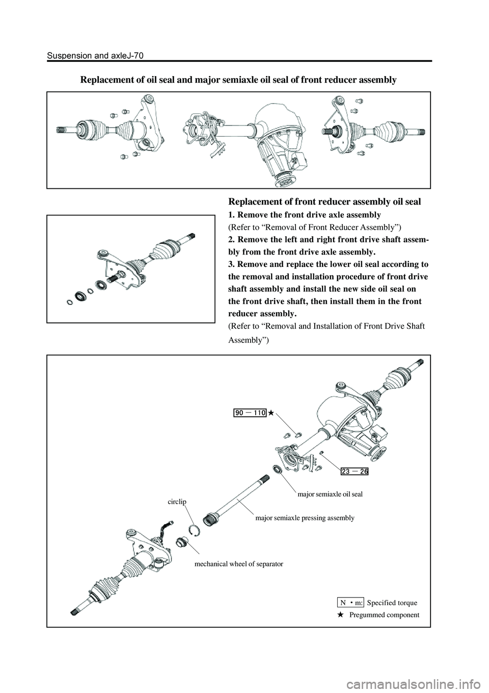 GREAT WALL HOVER 2006  Service Repair Manual Replacement of front reducer assembly oil seal
1. Remove the front drive axle assembly
(Refer to “Removal of Front Reducer Assembly”)
2. Remove the left and right front drive shaft assem-
bly from