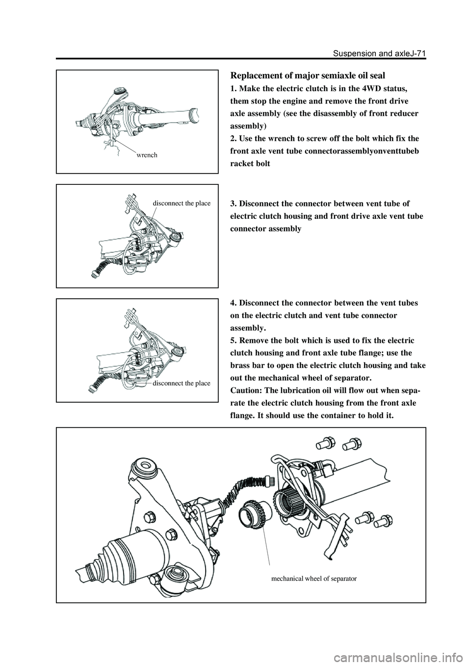 GREAT WALL HOVER 2006  Service Repair Manual Replacement of major semiaxle oil seal
1. Make the electric clutch is in the 4WD status,
them stop the engine and remove the front drive
axle assembly (see the disassembly of front reducer
assembly)
2