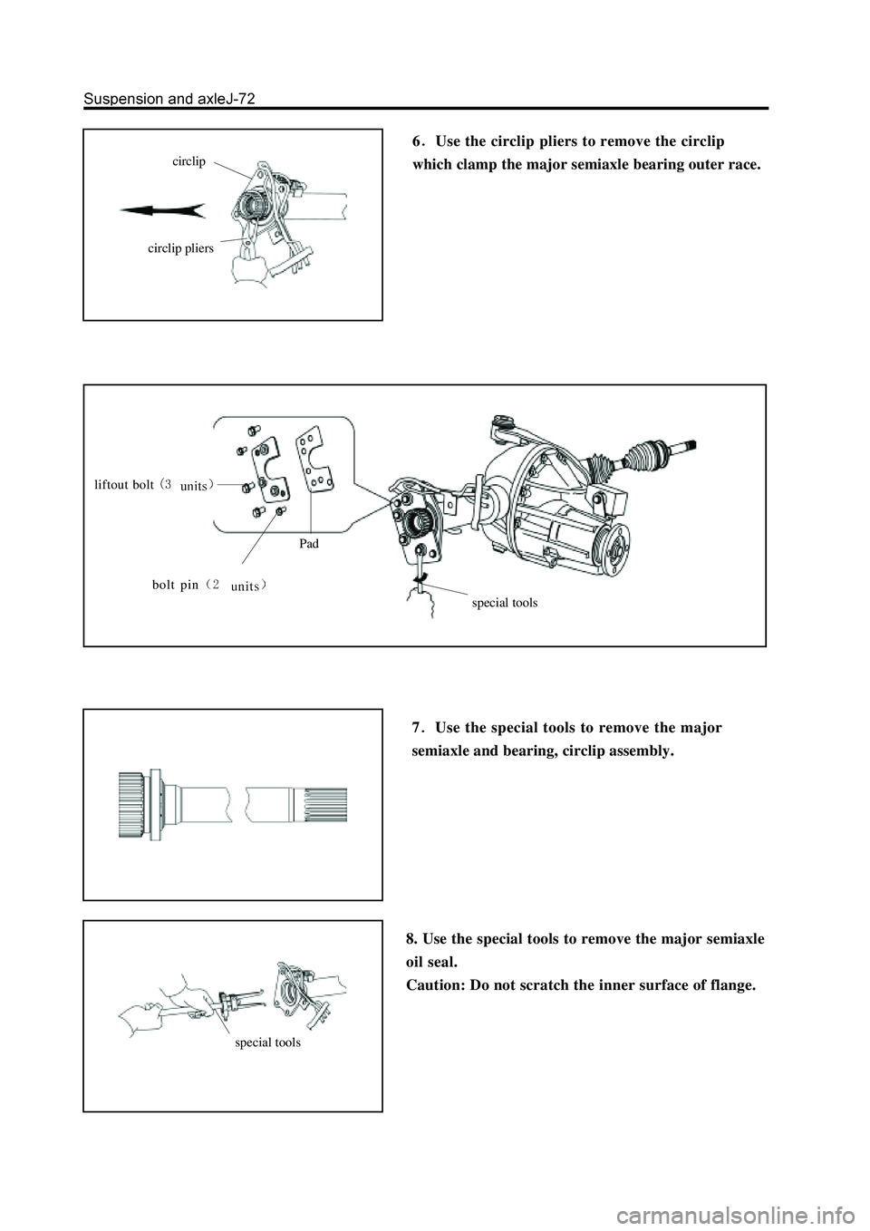GREAT WALL HOVER 2006  Service Repair Manual circlip
circlip pliers
special tools
8. Use the special tools to remove the major semiaxle
oil seal.
Caution: Do not scratch the inner surface of flange.6
Use the circlip pliers to remove the circlip
