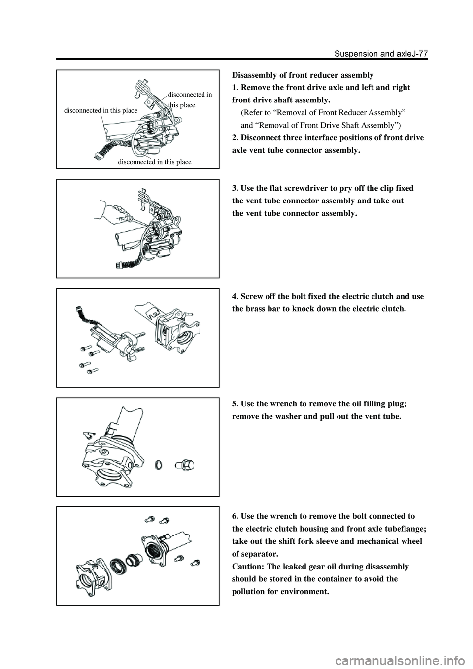 GREAT WALL HOVER 2006  Service Repair Manual Disassembly of front reducer assembly
1. Remove the front drive axle and left and right
front drive shaft assembly.
(Refer to “Removal of Front Reducer Assembly”
and “Removal of Front Drive Shaf