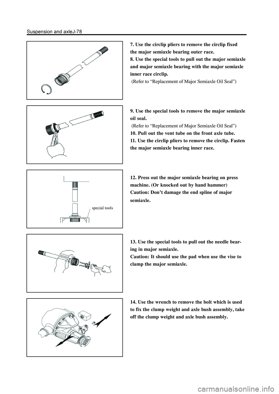 GREAT WALL HOVER 2006  Service Repair Manual 7. Use the circlip pliers to remove the circlip fixed
the major semiaxle bearing outer race.
8. Use the special tools to pull out the major semiaxle
and major semiaxle bearing with the major semiaxle
