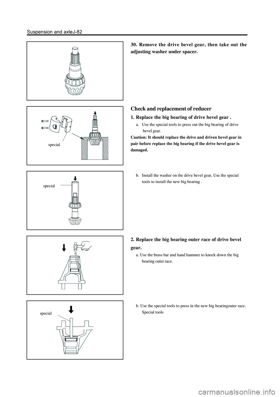 GREAT WALL HOVER 2006 Service Repair Manual 30. Remove the drive bevel gear, then take out the
adjusting washer under spacer.
Check and replacement of reducer
1. Replace the big bearing of drive bevel gear .
a. Use the special tools to press ou GREAT WALL HOVER 2006 Service Repair Manual 30. Remove the drive bevel gear, then take out the
adjusting washer under spacer.
Check and replacement of reducer
1. Replace the big bearing of drive bevel gear .
a. Use the special tools to press ou