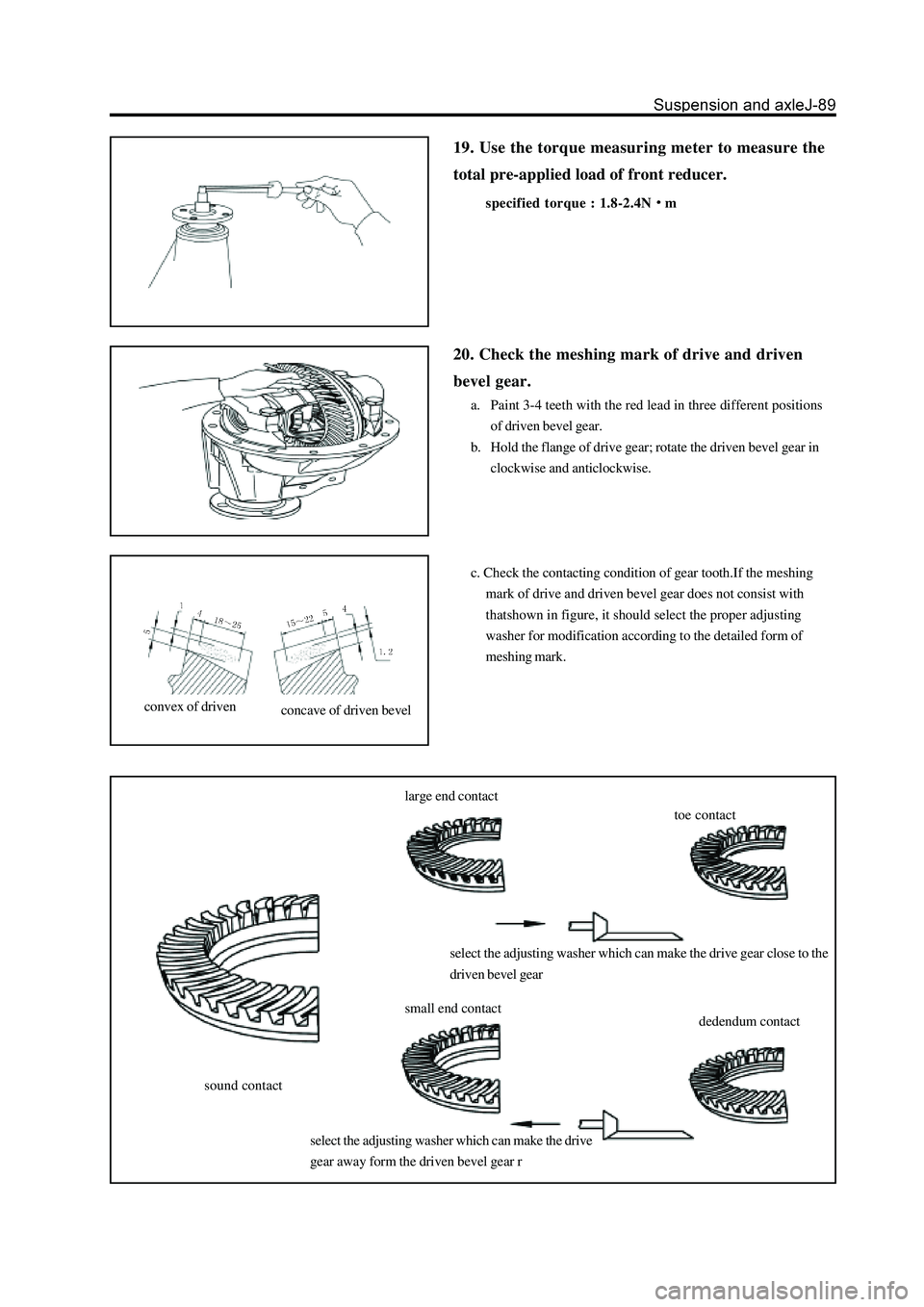 GREAT WALL HOVER 2006 Service Repair Manual 19. Use the torque measuring meter to measure the
total pre-applied load of front reducer.
specified torque : 1.8-2.4Nm
sound contactlarge end contact
toe contact
select the adjusting washer which can GREAT WALL HOVER 2006 Service Repair Manual 19. Use the torque measuring meter to measure the
total pre-applied load of front reducer.
specified torque : 1.8-2.4Nm
sound contactlarge end contact
toe contact
select the adjusting washer which can
