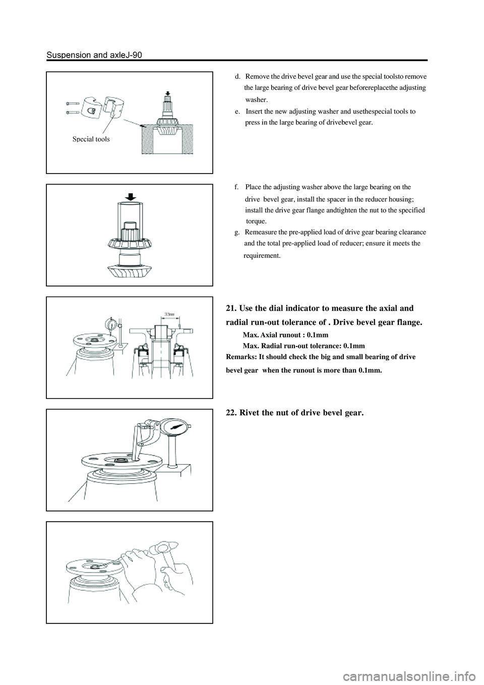 GREAT WALL HOVER 2006 Service Repair Manual d. Remove the drive bevel gear and use the special toolsto remove
the large bearing of drive bevel gear beforereplacethe adjusting
washer.
e. Insert the new adjusting washer and uset GREAT WALL HOVER 2006 Service Repair Manual d. Remove the drive bevel gear and use the special toolsto remove
the large bearing of drive bevel gear beforereplacethe adjusting
washer.
e. Insert the new adjusting washer and uset