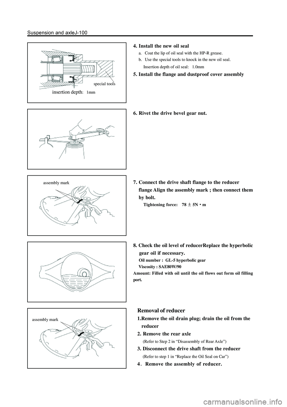 GREAT WALL HOVER 2006 Service Repair Manual 4. Install the new oil seal
a. Coat the lip of oil seal with the HP-R grease.
b. Use the special tools to knock in the new oil seal.
Insertion depth of oil seal: 1.0mm
5. Install the flange and dust GREAT WALL HOVER 2006 Service Repair Manual 4. Install the new oil seal
a. Coat the lip of oil seal with the HP-R grease.
b. Use the special tools to knock in the new oil seal.
Insertion depth of oil seal: 1.0mm
5. Install the flange and dust