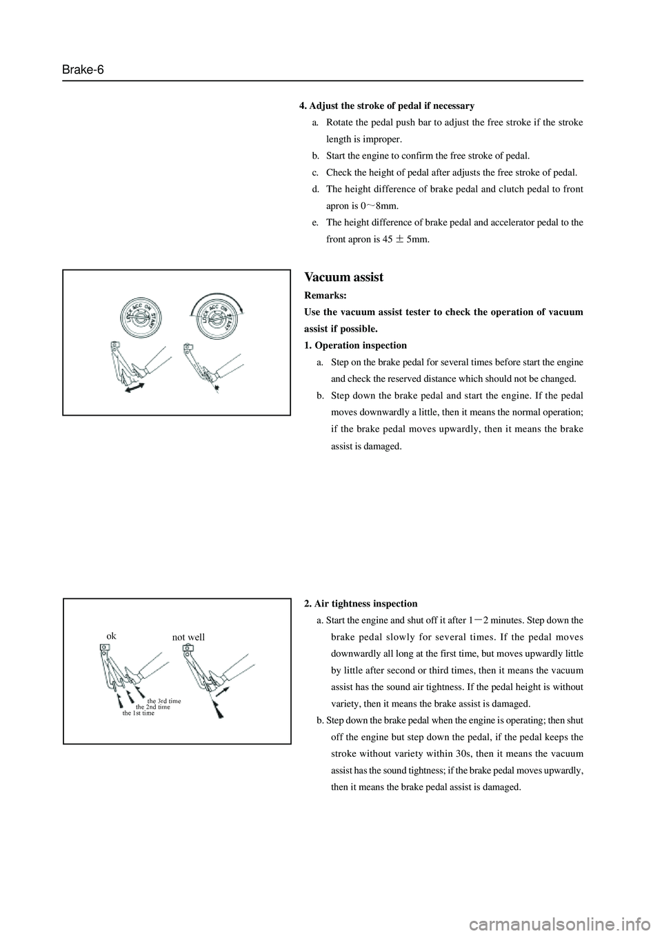 GREAT WALL HOVER 2006 Service Repair Manual Brake-6
4. Adjust the stroke of pedal if necessary
a. Rotate the pedal push bar to adjust the free stroke if the stroke
length is improper.
b. Start the engine to confirm the free stroke of pedal.
c. GREAT WALL HOVER 2006 Service Repair Manual Brake-6
4. Adjust the stroke of pedal if necessary
a. Rotate the pedal push bar to adjust the free stroke if the stroke
length is improper.
b. Start the engine to confirm the free stroke of pedal.
c.