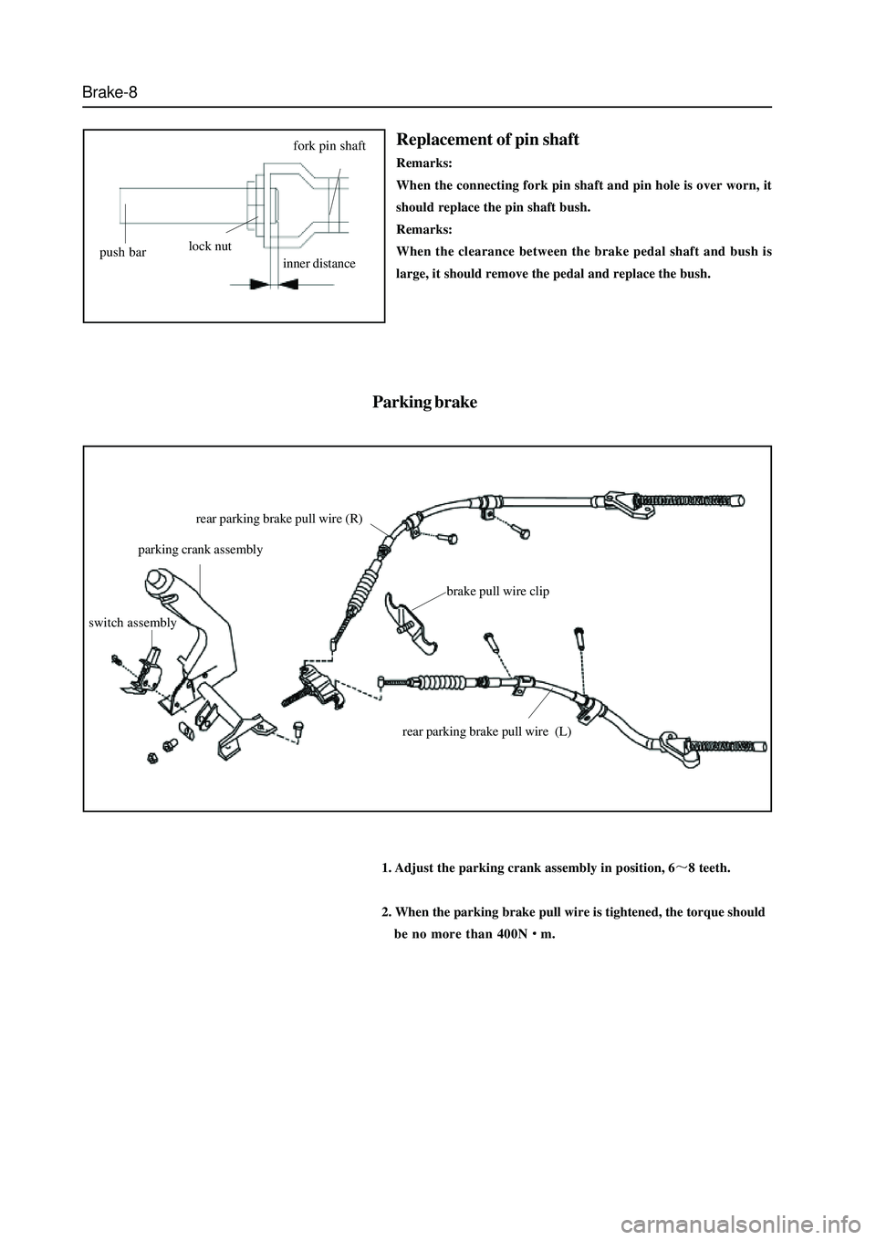 GREAT WALL HOVER 2006 Service Repair Manual Brake-8
Replacement of pin shaft
Remarks:
When the connecting fork pin shaft and pin hole is over worn, it
should replace the pin shaft bush.
Remarks:
When the clearance between the brake pedal shaft GREAT WALL HOVER 2006 Service Repair Manual Brake-8
Replacement of pin shaft
Remarks:
When the connecting fork pin shaft and pin hole is over worn, it
should replace the pin shaft bush.
Remarks:
When the clearance between the brake pedal shaft