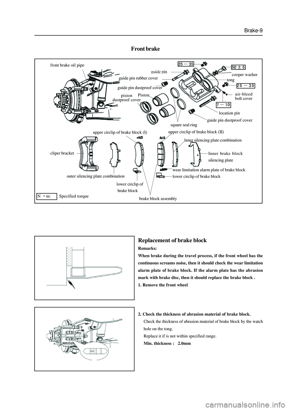 GREAT WALL HOVER 2006 Service Repair Manual Brake-9
Front brake
front brake oil pipe
cliper bracket
outer silencing plate combination
lower circlip of
brake block
brake block assembly
lower circlip of brake block
wear limitation alarm plate of GREAT WALL HOVER 2006 Service Repair Manual Brake-9
Front brake
front brake oil pipe
cliper bracket
outer silencing plate combination
lower circlip of
brake block
brake block assembly
lower circlip of brake block
wear limitation alarm plate of