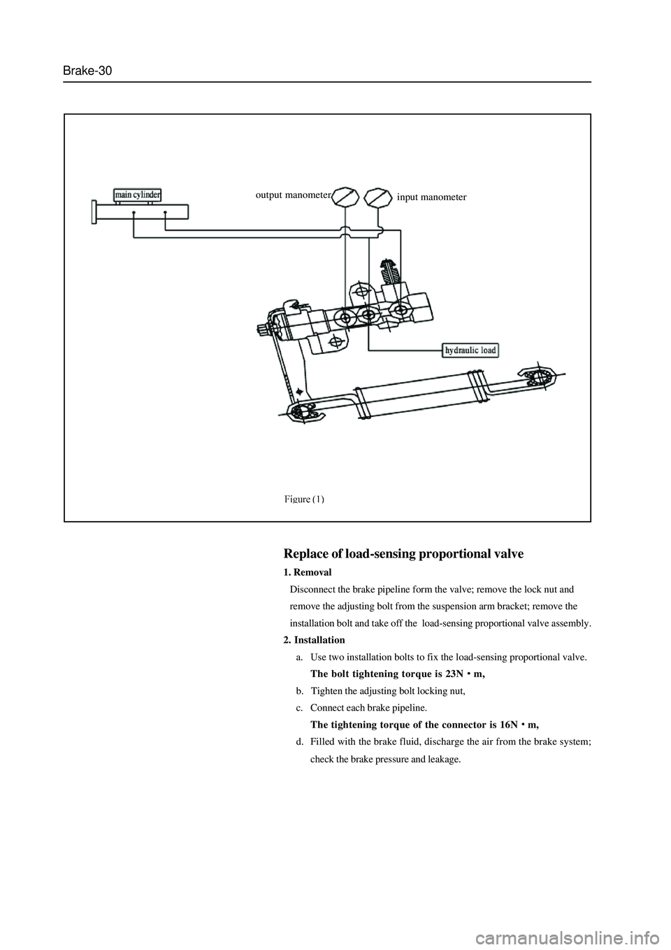 GREAT WALL HOVER 2006 Service Repair Manual Brake-30
Replace of load-sensing proportional valve
1. Removal
Disconnect the brake pipeline form the valve; remove the lock nut and
remove the adjusting bolt from the suspension arm bracket; remove t GREAT WALL HOVER 2006 Service Repair Manual Brake-30
Replace of load-sensing proportional valve
1. Removal
Disconnect the brake pipeline form the valve; remove the lock nut and
remove the adjusting bolt from the suspension arm bracket; remove t