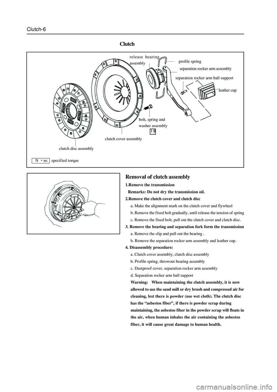 GREAT WALL HOVER 2006 Service Owners Guide Clutch-6
Clutch
4. Disassembly procedure:
a. Clutch cover assembly, clutch disc assembly
b. Profile spring, throwout bearing assembly
c. Dustproof cover, separation rocker arm assembly
d. Separation r GREAT WALL HOVER 2006 Service Owners Guide Clutch-6
Clutch
4. Disassembly procedure:
a. Clutch cover assembly, clutch disc assembly
b. Profile spring, throwout bearing assembly
c. Dustproof cover, separation rocker arm assembly
d. Separation r