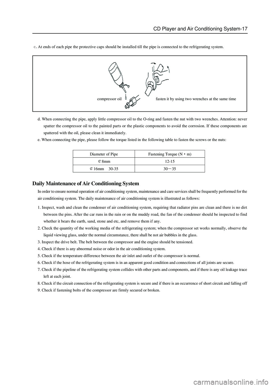 GREAT WALL HOVER 2006 Service Repair Manual CD Player and Air Conditioning System-17
Daily Maintenance of Air Conditioning System
In order to ensure normal operation of air conditioning system, maintenance and care services shall be frequently GREAT WALL HOVER 2006 Service Repair Manual CD Player and Air Conditioning System-17
Daily Maintenance of Air Conditioning System
In order to ensure normal operation of air conditioning system, maintenance and care services shall be frequently