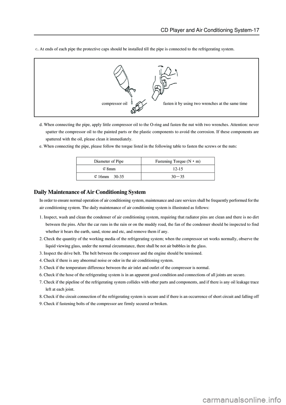 GREAT WALL HOVER 2006  Service Repair Manual CD Player and Air Conditioning System-17
Daily Maintenance of Air Conditioning System
In order to ensure normal operation of air conditioning system, maintenance and care services shall be frequently 