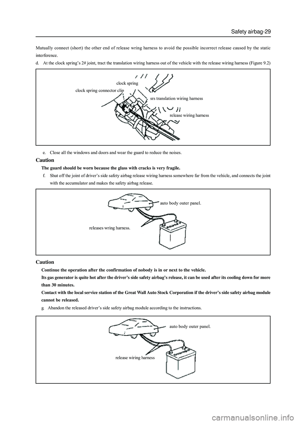GREAT WALL HOVER 2006 Service Repair Manual Safety airbag-29
auto body outer panel.
release wiring harness
auto body outer panel.
releases wring harness. Mutually connect (short) the other end of release wring harness to avoid the possible inco GREAT WALL HOVER 2006 Service Repair Manual Safety airbag-29
auto body outer panel.
release wiring harness
auto body outer panel.
releases wring harness. Mutually connect (short) the other end of release wring harness to avoid the possible inco